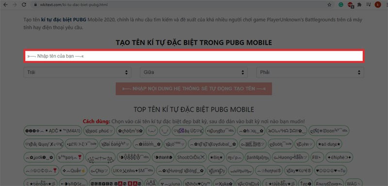 Ký tự đặc biệt PUBG Mobile