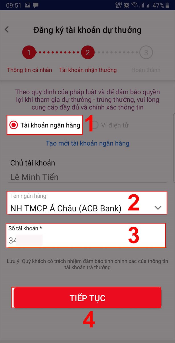 Liên kết ngân hàng và bấm chọn tiếp tục.