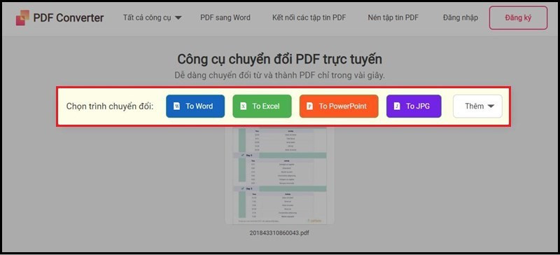 Lựa chọn định dạng chuyển đổi trên Freepdfconvert