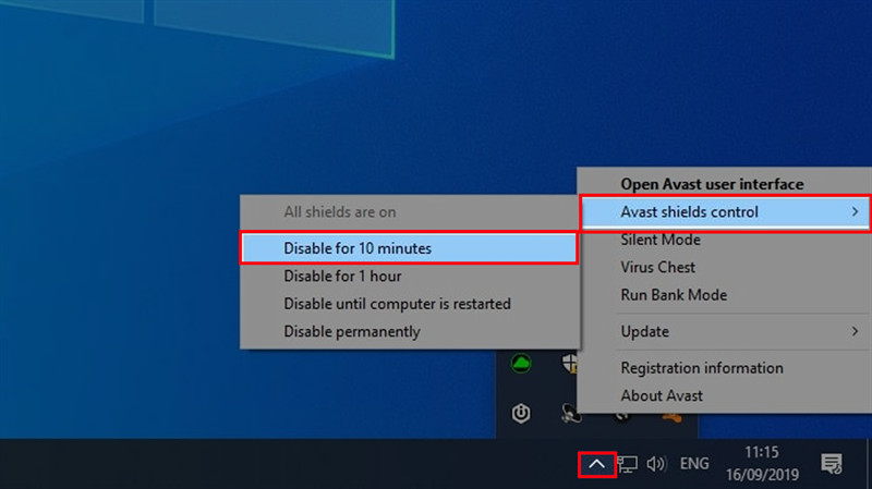 Lựa chọn thời gian vô hiệu hoá Avast