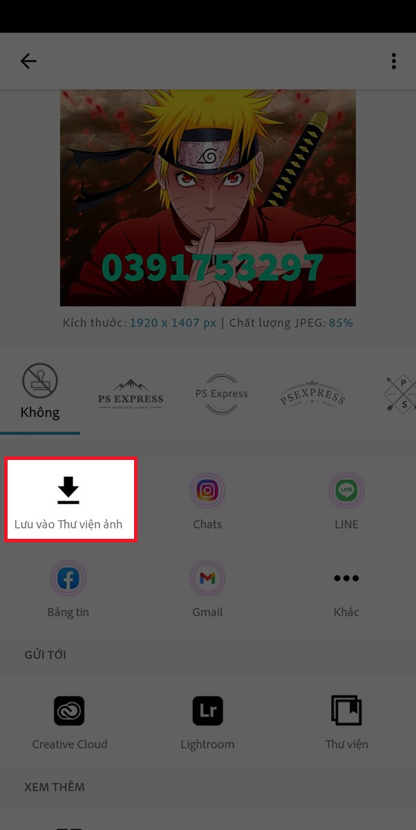 Lưu ảnh trên Photoshop Express