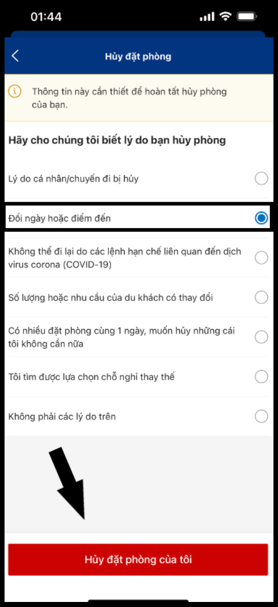 Lý do hủy phòng trên app