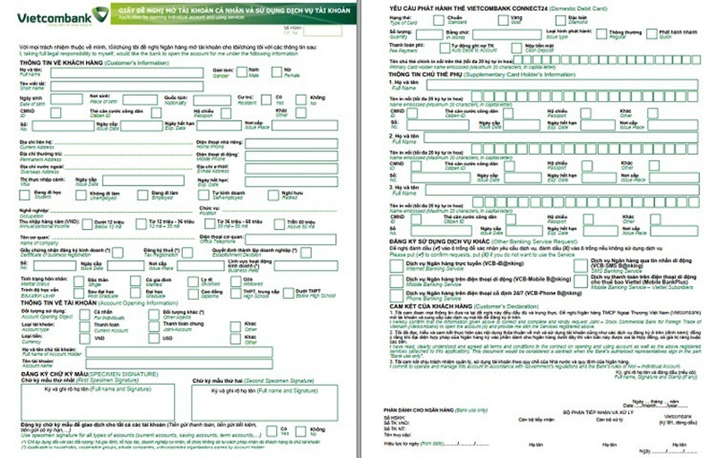 Mẫu đơn đăng ký thẻ VISA Vietcombank