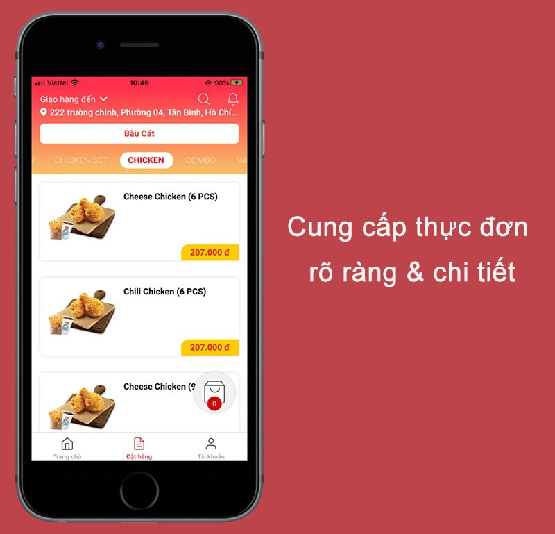 Menu rõ ràng và cụ thể trên ứng dụng Lotteria Delivery