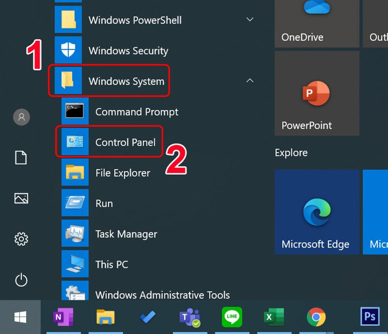 Mở Control Panel qua Start Menu