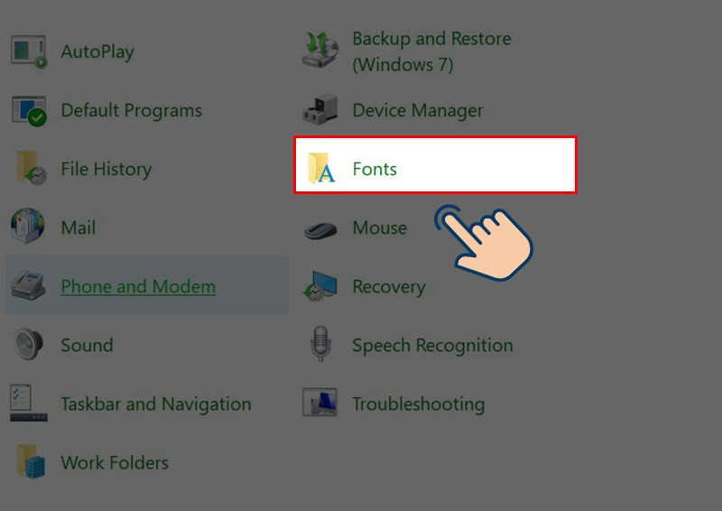 Mở Control Panel và chọn Fonts