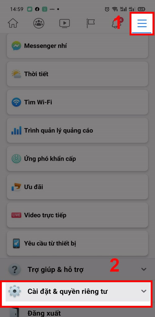 Mở menu Facebook trên điện thoại