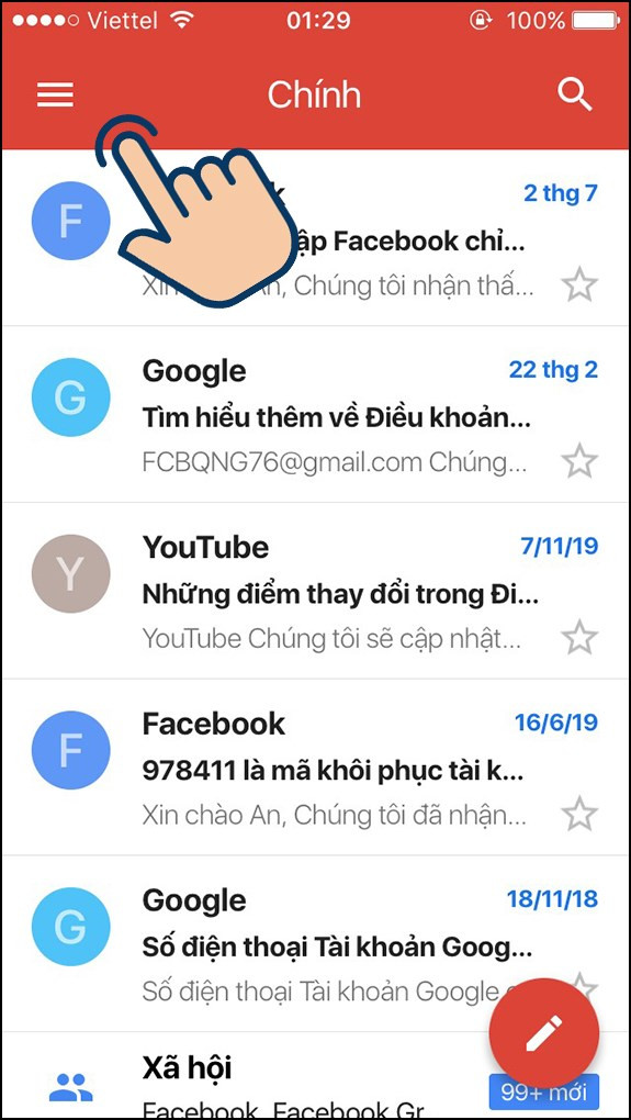 Mở menu Gmail trên điện thoại