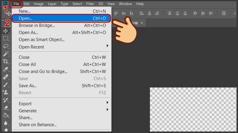 Mở Photoshop và chọn Open