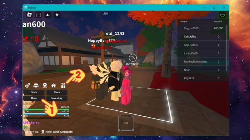 Mở Roblox và vào game Jujutsu Piece. Trong game chọn Menu, sau đó chọn biểu tượng hộp quà.