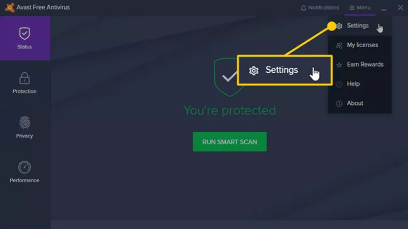 Mở Settings của Avast