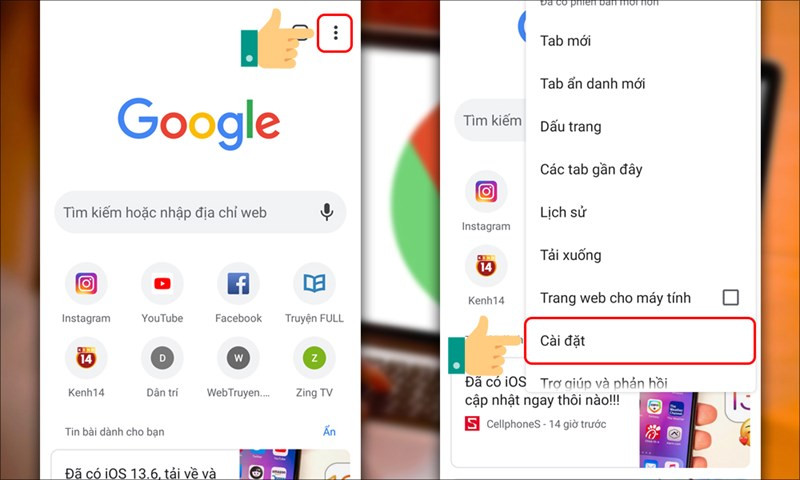 Mô tả hình ảnh: Biểu tượng ba chấm trên Chrome điện thoại