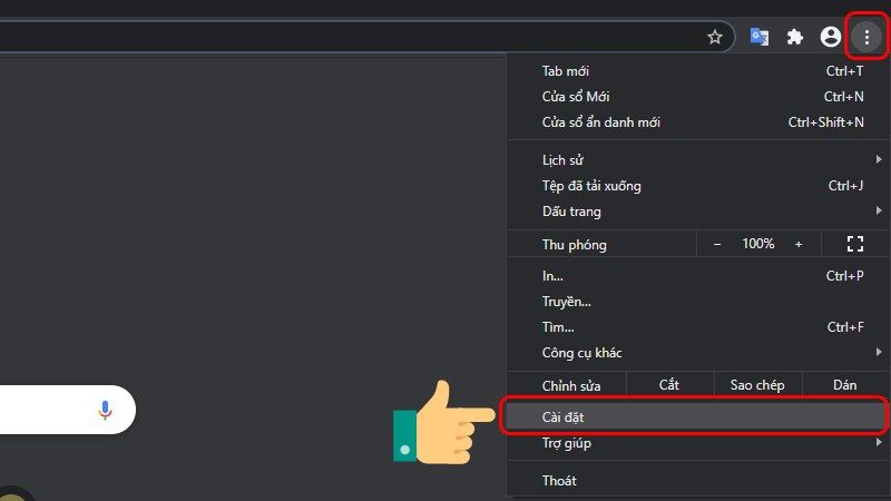 Mô tả hình ảnh: Biểu tượng ba chấm và mục Cài đặt trên Chrome