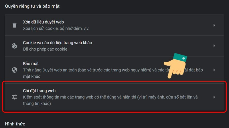 Mô tả hình ảnh: Mục Cài đặt trang web