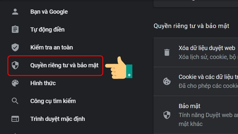 Mô tả hình ảnh: Mục Quyền riêng tư và bảo mật