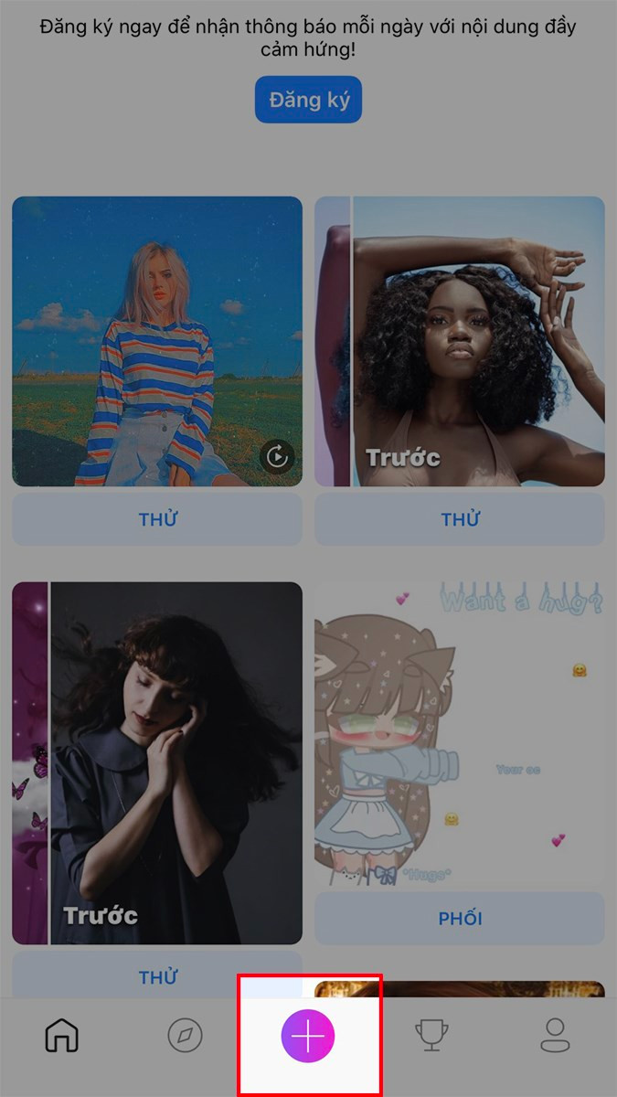 Mở ứng dụng PicsArt, nhấn vào biểu tượng dấu cộng màu tím