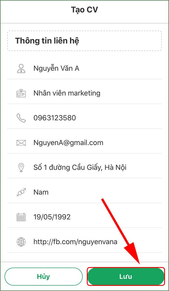 Mục thông tin liên hệ trên ứng dụng TopCV