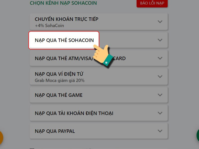 Nạp bằng thẻ SohaCoin