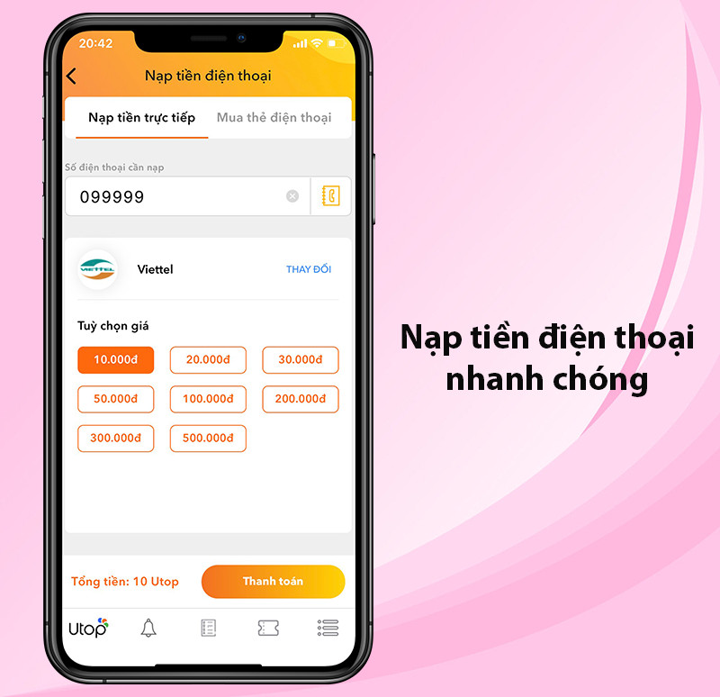 Nạp thẻ điện thoại trên Utop