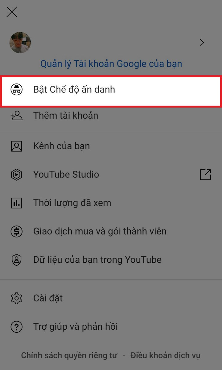 Nhấn Bật chế độ ẩn danh/Turn on Incognito