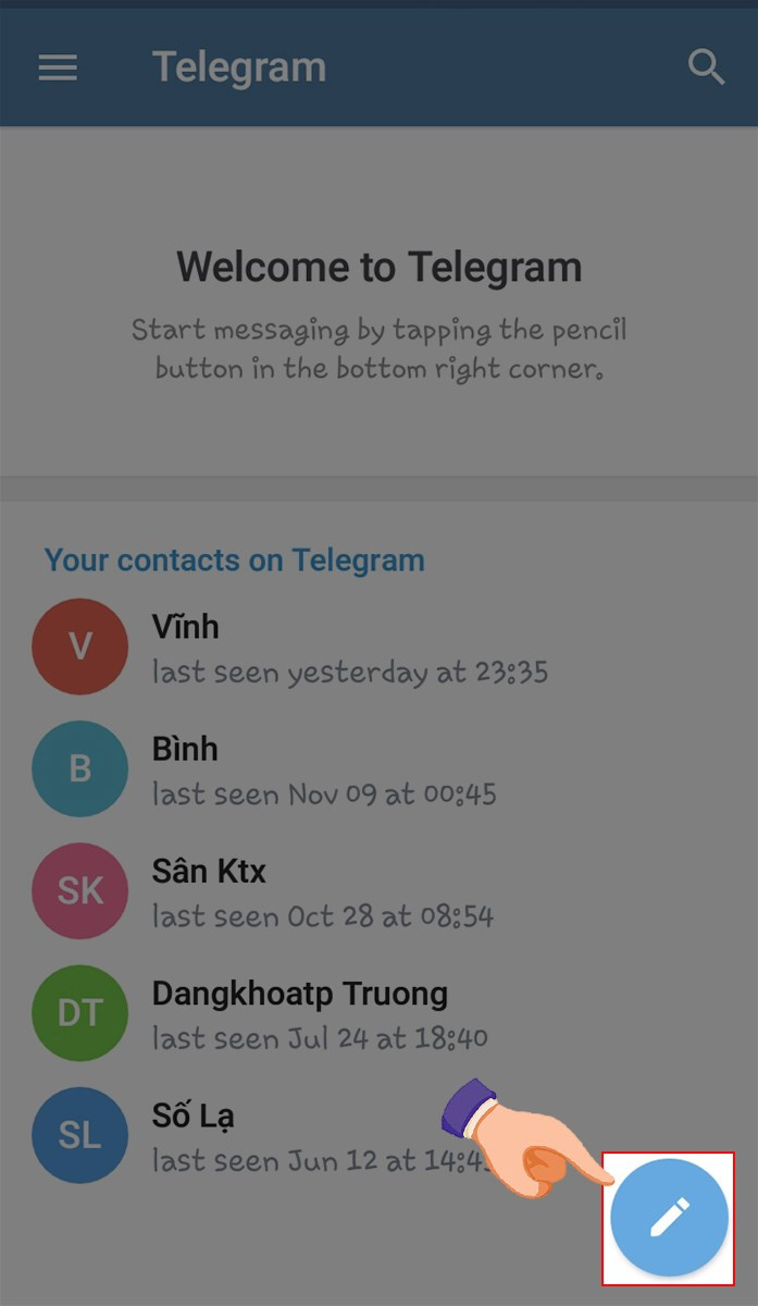 Nhấn biểu tượng cây bút trên Telegram