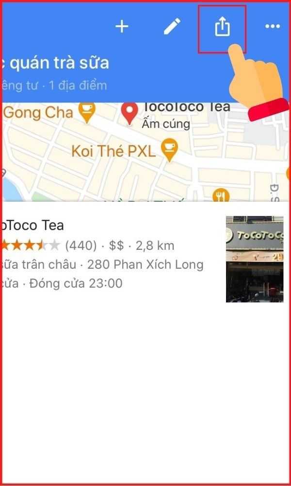 Nhấn biểu tượng chia sẻ địa điểm trên Google Maps điện thoại