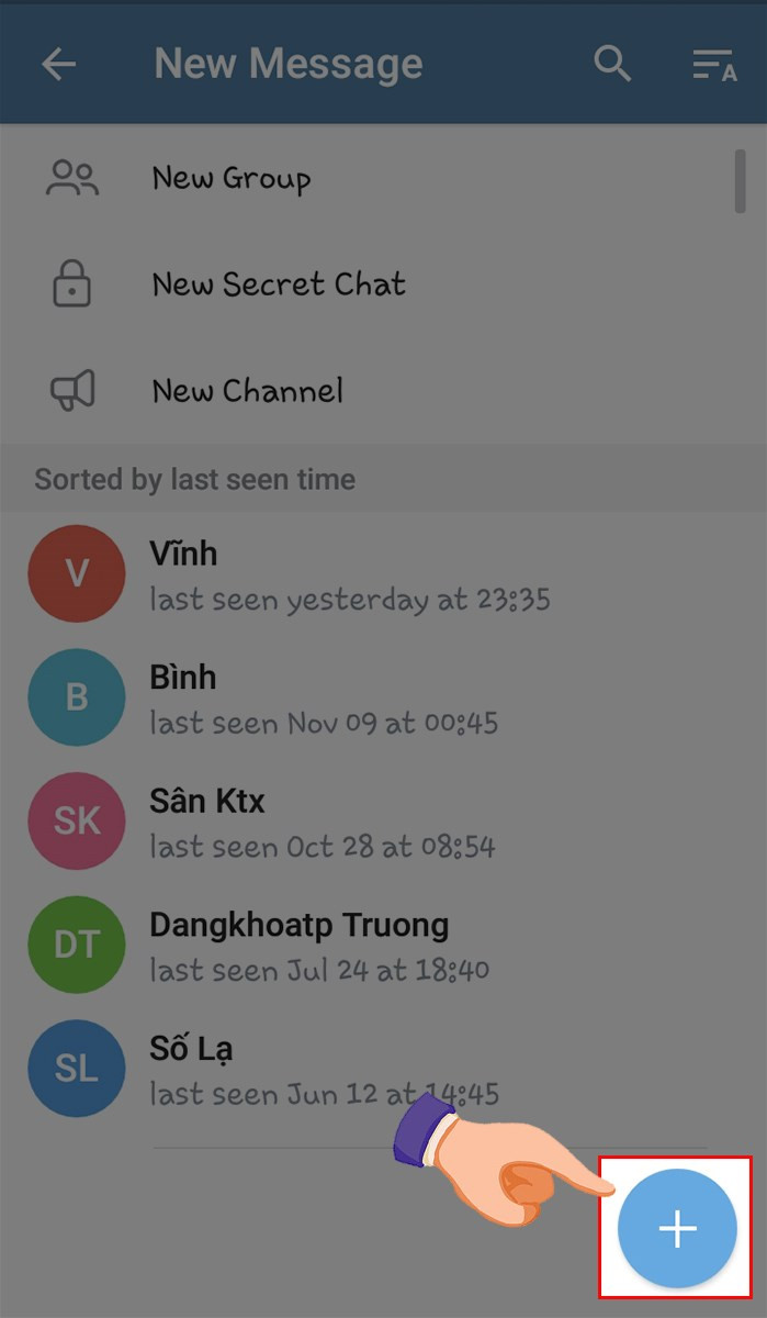 Nhấn biểu tượng dấu cộng trên Telegram