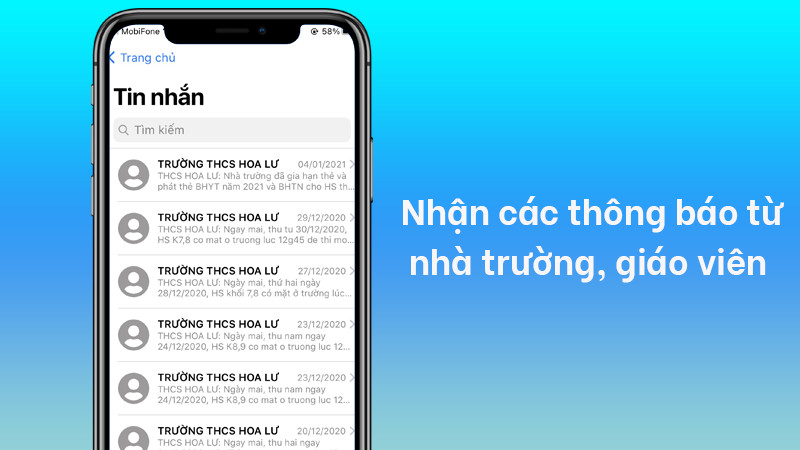 Nhận c&aacute;c th&ocirc;ng b&aacute;o từ nh&agrave; trường, gi&aacute;o vi&ecirc;n