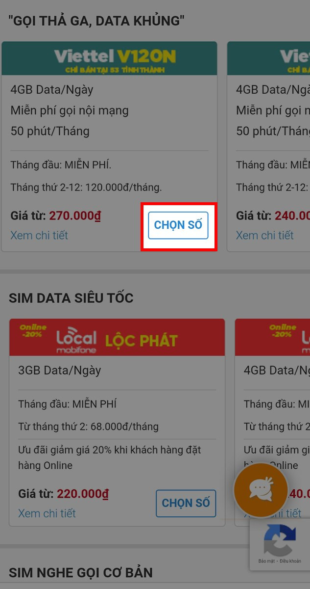 Nhấn Chọn số tại loại thẻ SIM muốn mua