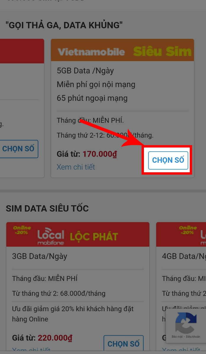 Nhấn Chọn số tại mục Siêu sim Vietnamobile