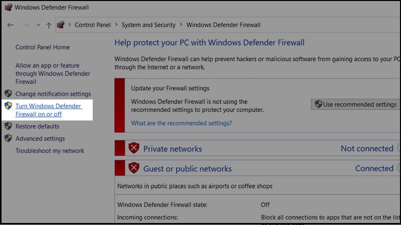 Nhấn chọn vào mục Turn Windows Defender Firewall on or off