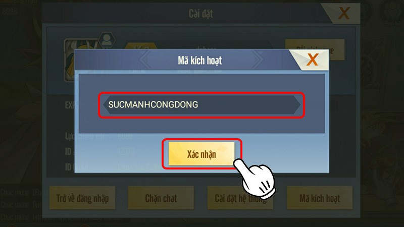 Nhận code v&agrave; nhấn X&aacute;c nhận