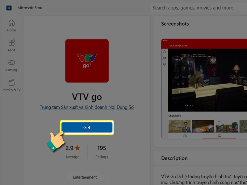 Nhấn Get để cài đặt VTV Go