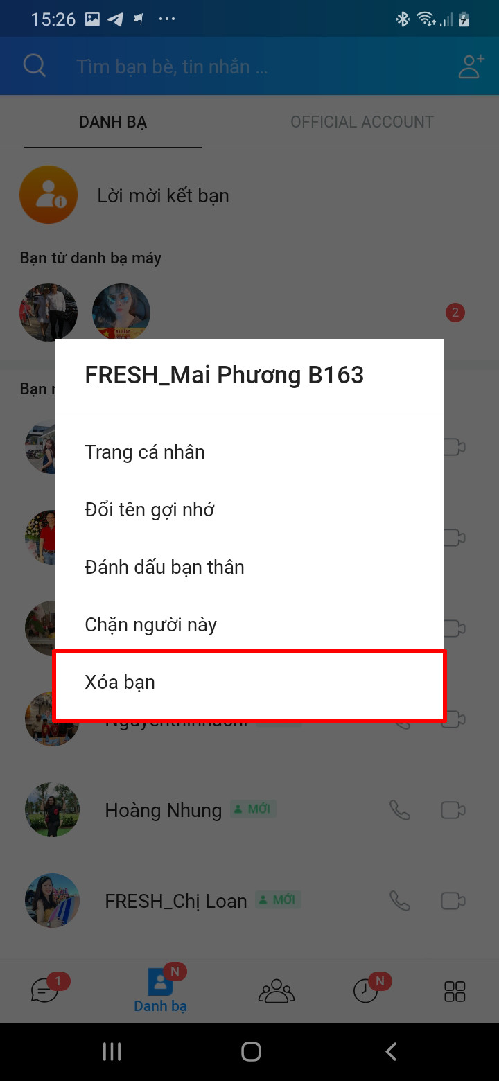 Nhấn giữ tên trên Android