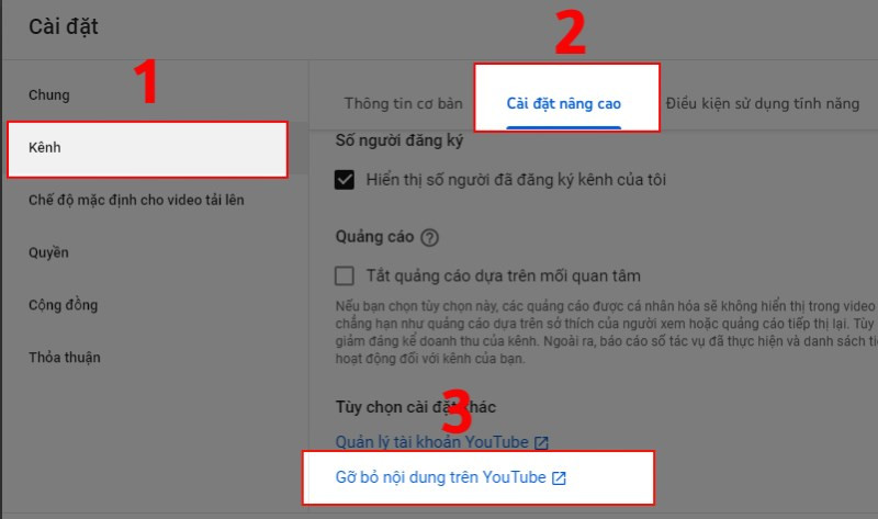 Nhấn Kênh, chọn Cài đặt nâng cao và click Gỡ bỏ nội dung trên YouTube