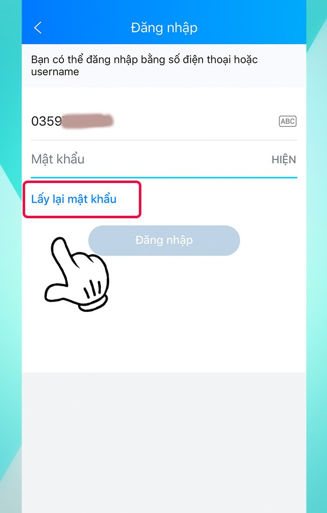 Nhấn lấy lại mật khẩu