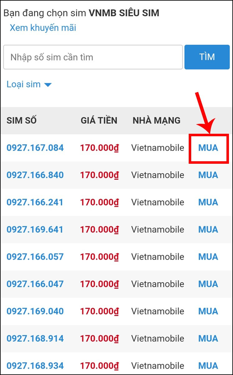 Nhấn Mua tại số điện thoại yêu thích