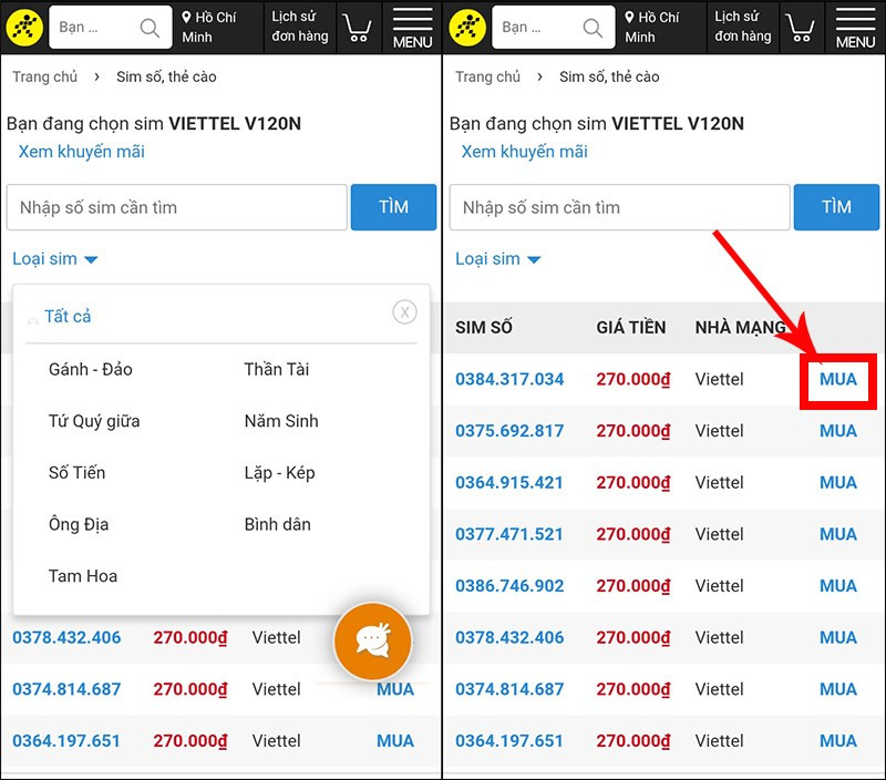 Nhấn Mua tại số thẻ sim bạn ưng &yacute;