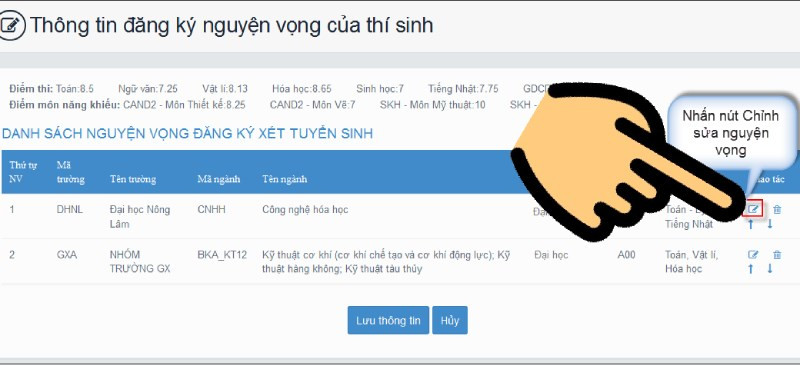 Nhấn n&uacute;t Chỉnh sửa nguyện vọng