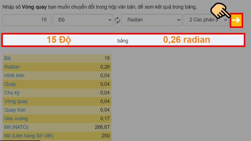 Nhấn nút chuyển đổi và xem kết quả