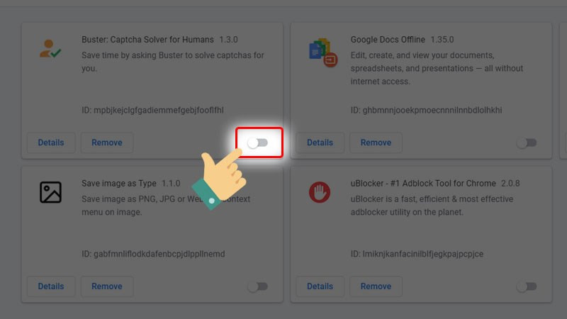 Nhấn Tắt các tiện ích mở rộng