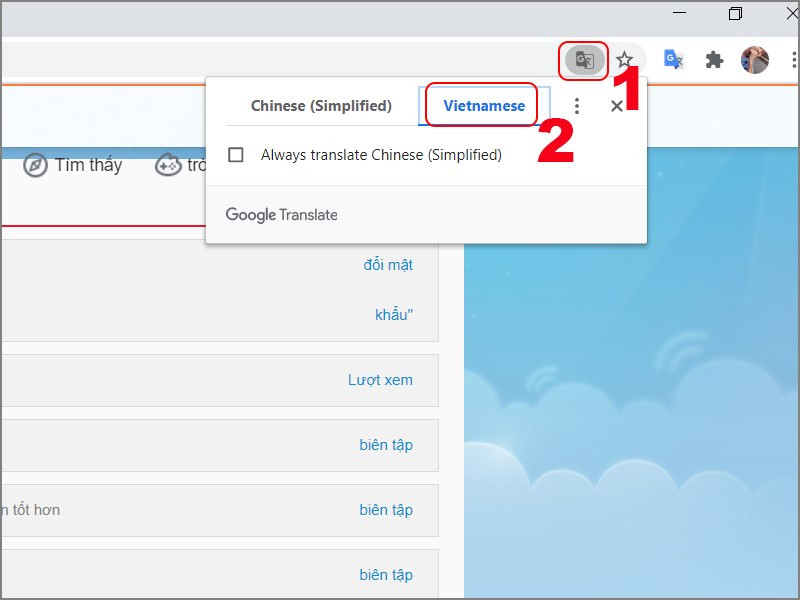 Nhấn vào biểu tượng tự động dịch sang tiếng Việt
