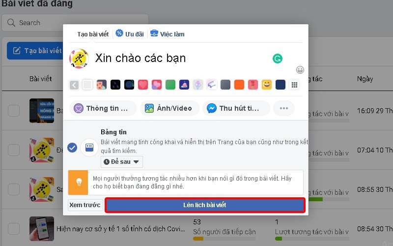 Nhấn vào lên lịch bài viết