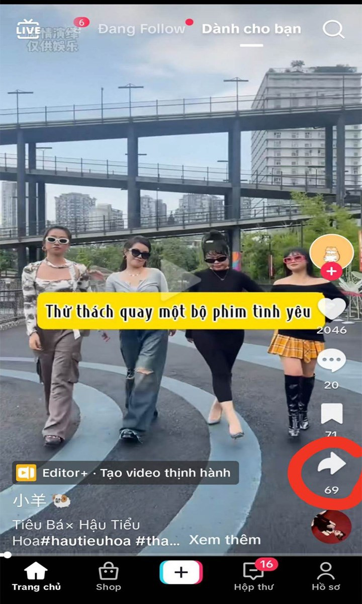 Nhấn vào nút Chia sẻ ở góc dưới bên phải của video