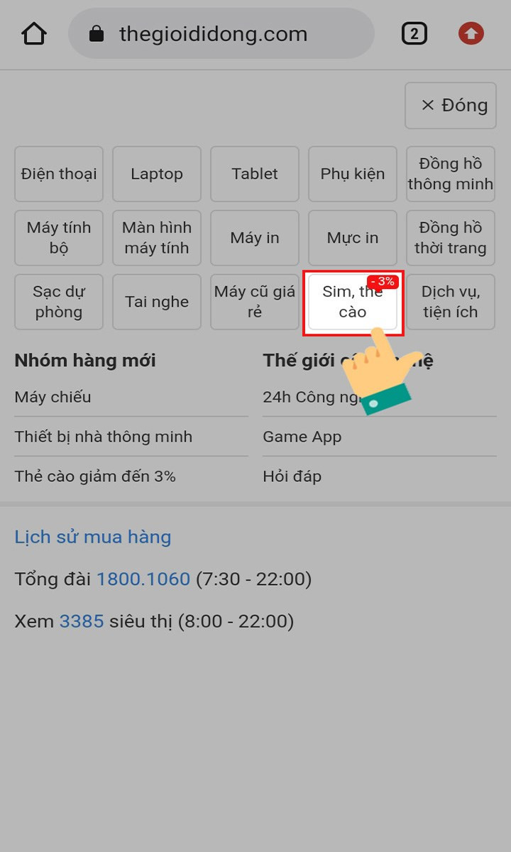 Nhấp chọn sim, thẻ cào