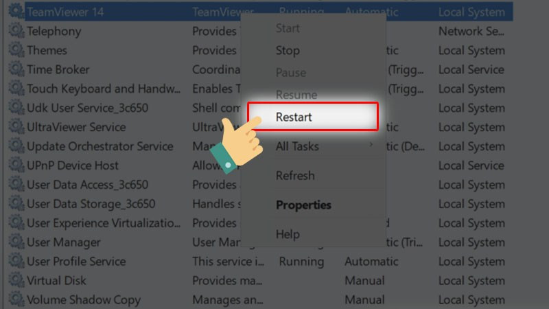 Nhấp chuột phải và chọn Restart