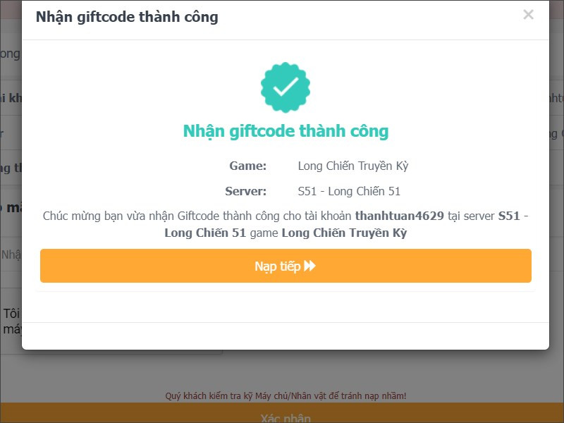 Nhập code thành công