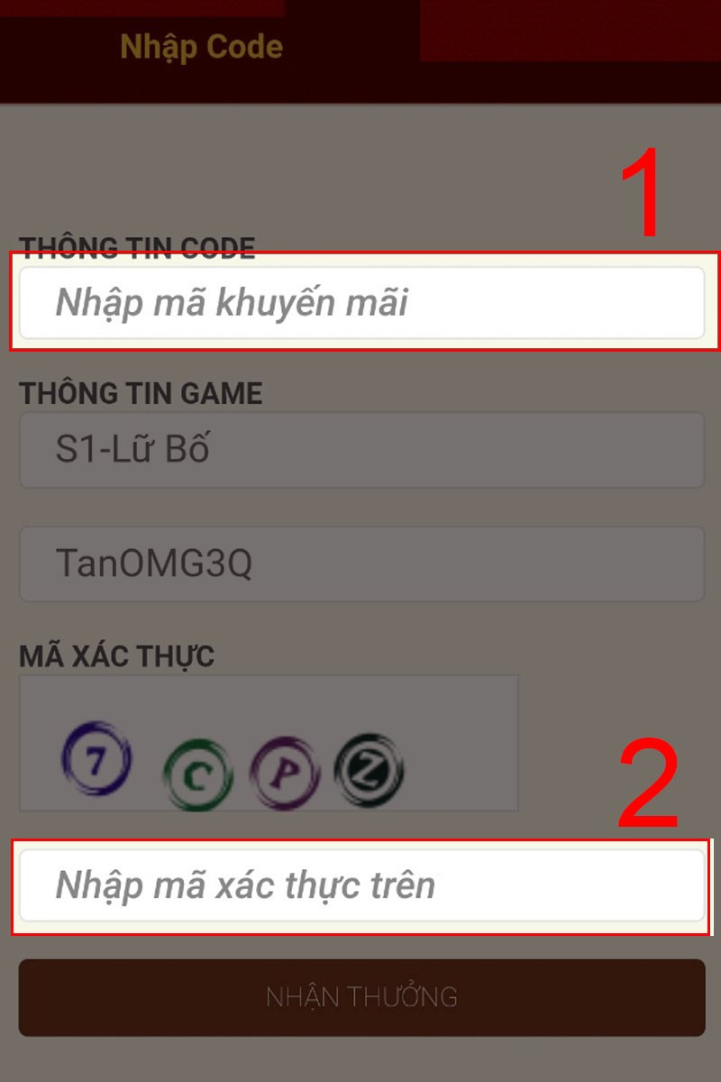 Nhập code và mã xác thực