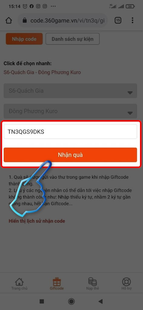 Nhập code và nhận quà