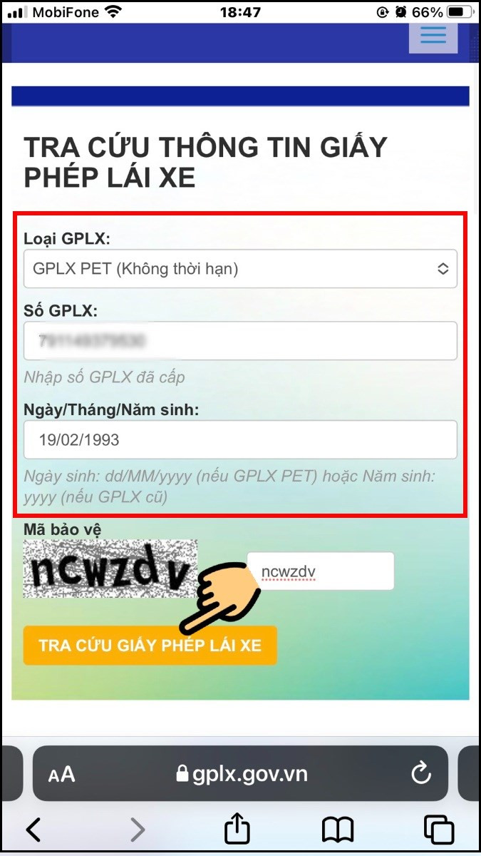 Nhập đầy đủ c&aacute;c th&ocirc;ng tin tr&ecirc;n, nhấn n&uacute;t Tra cứu giấy ph&eacute;p l&aacute;i xe